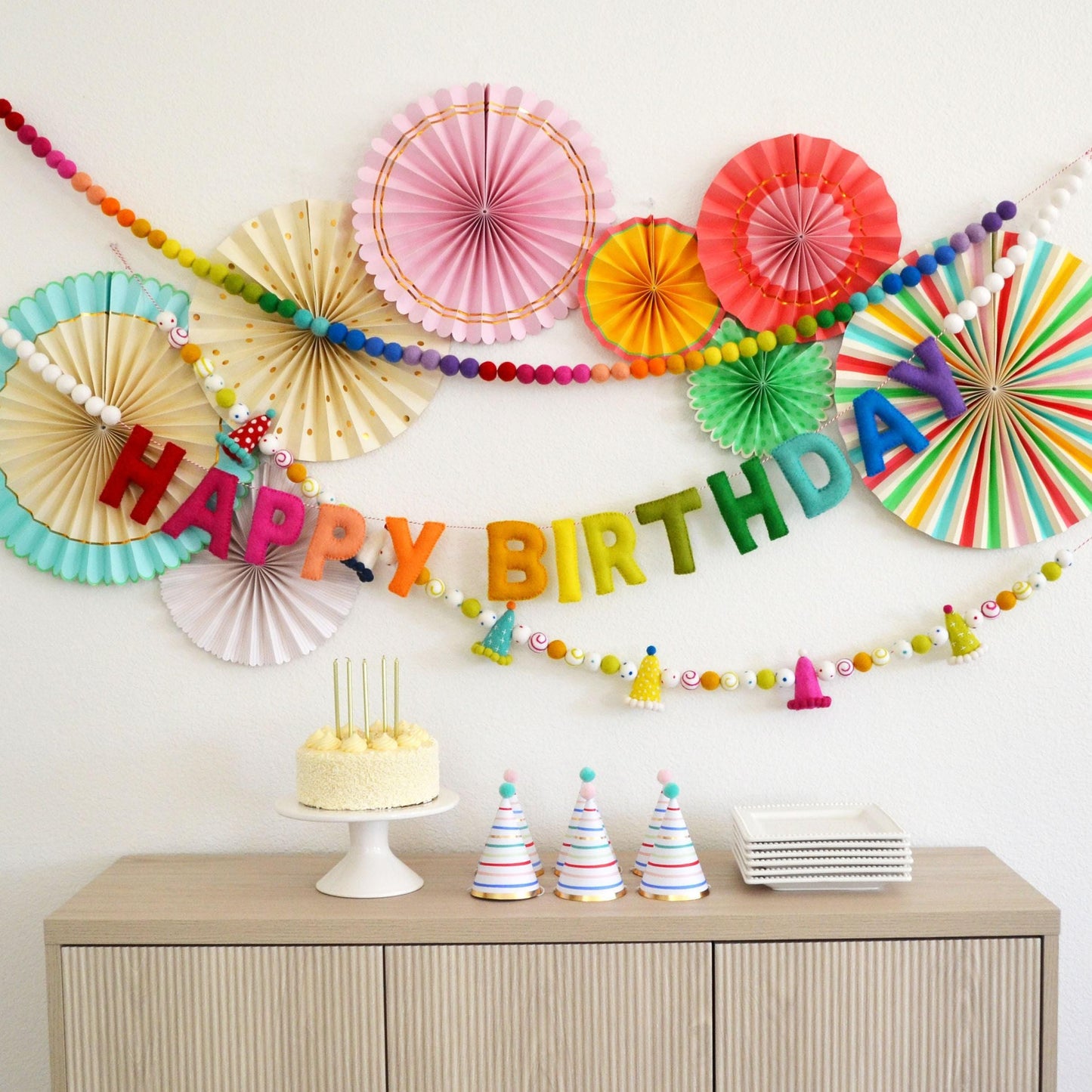 Happy Birthday Rainbow Felt Banner, Party Hat Felt Garland, Ombre Rainbow Felt Ball Garland Decoration, Paper Pinwheel Fans