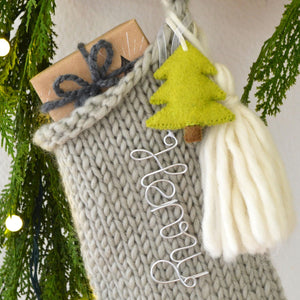 Hand Knit Chunky Wool Christmas Stocking with Wool Tassel & Felt Tree | Tan Knitted Chunky Christmas Stocking (Name Tag NOT included)