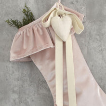 Blush Velvet Christmas Stocking with Ruffle Cuff, Ivory Velvet Bow & Felt Heart