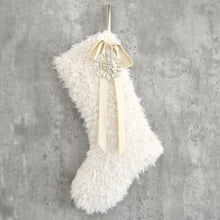 Ivory Sherpa Faux Fur Christmas Stocking with Velvet Bow and Star Gems | Neutral Cozy Holiday Mantel Decor | Fur Rustic Stocking for Family
