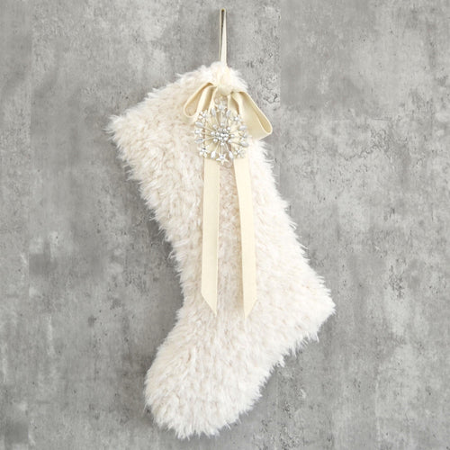 Ivory Sherpa Faux Fur Christmas Stocking with Velvet Bow and Star Gems | Neutral Cozy Holiday Mantel Decor | Fur Rustic Stocking for Family