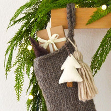 Hand Knit Chunky Wool Christmas Stocking with Wool Tassel & Felt Tree | Coffee Brown Cozy Knit Stocking | Chunky Knit Stocking Holiday Decor