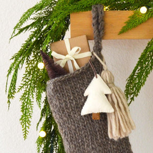 Hand Knit Chunky Wool Christmas Stocking with Wool Tassel & Felt Tree | Coffee Brown Cozy Knit Stocking | Chunky Knit Stocking Holiday Decor