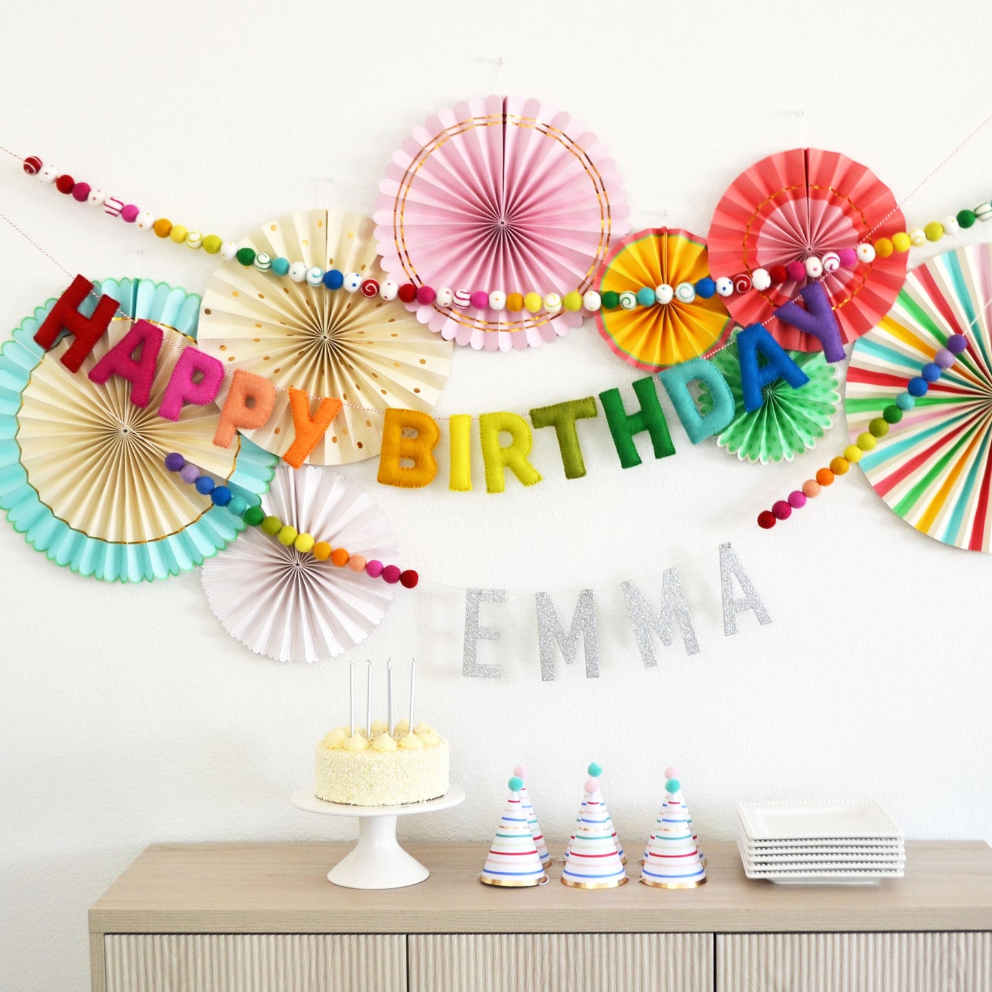 Rainbow Ombré Felt Ball Garland with Colorful Dots and Swirls