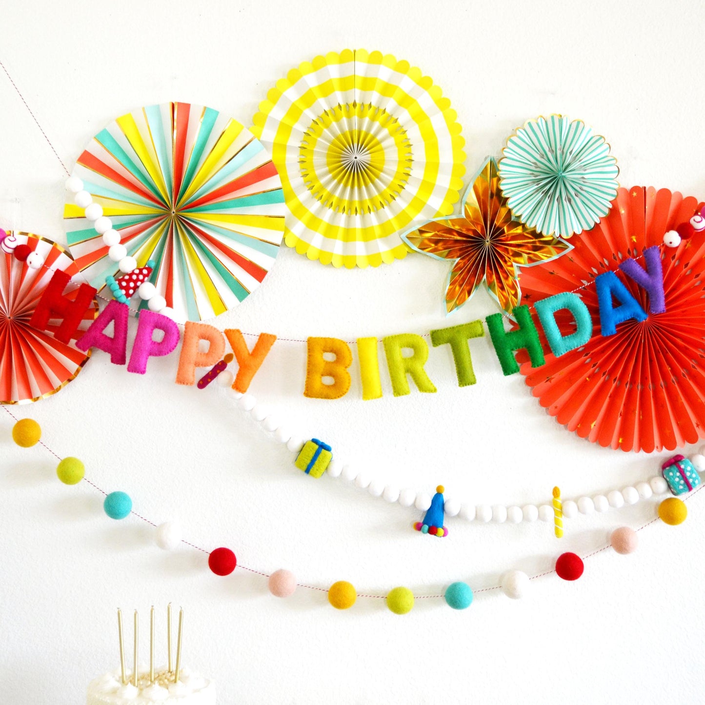 Reusable Rainbow Happy Birthday Banner, Hat Gift & Candle Felt Garland and 4cm Rainbow Felt Ball Garland Bundle