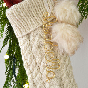 Wool Christmas Stocking – Ivory Cable Knit Stocking with Pom Poms (Name tag NOT included