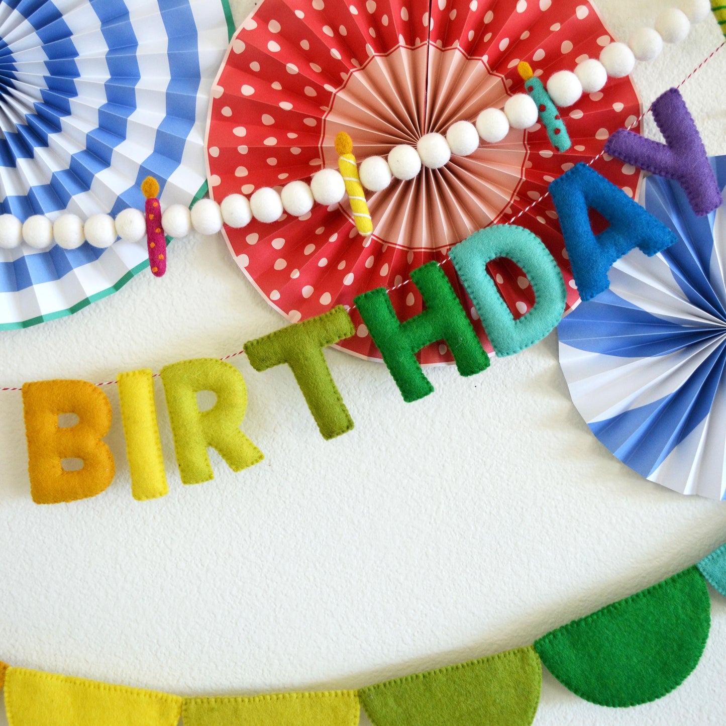 Happy Birthday Rainbow Felt Banner, Party Hat Felt Garland, Ombre Rainbow Felt Ball Garland Decoration, Paper Pinwheel Fans