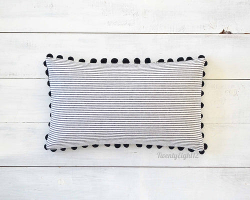 Striped Pillow Cover with Pom Pom Trim- Black and White Pinstripe Pillow Cover- 12