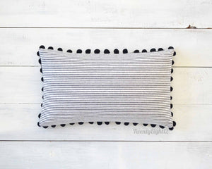 Striped Pillow Cover with Pom Pom Trim- Black and White Pinstripe Pillow Cover- 12" x 20" - Farmhouse Pillow, Pom Pom Pillow, Stripe Pillow