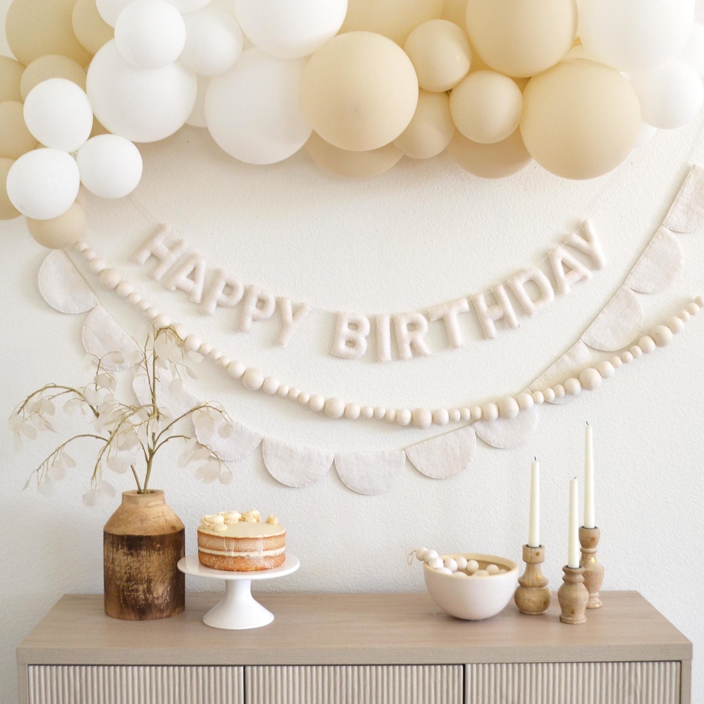 White Happy Birthday Felt Banner or Boho Felt Garland or Felt Scallop Banner
