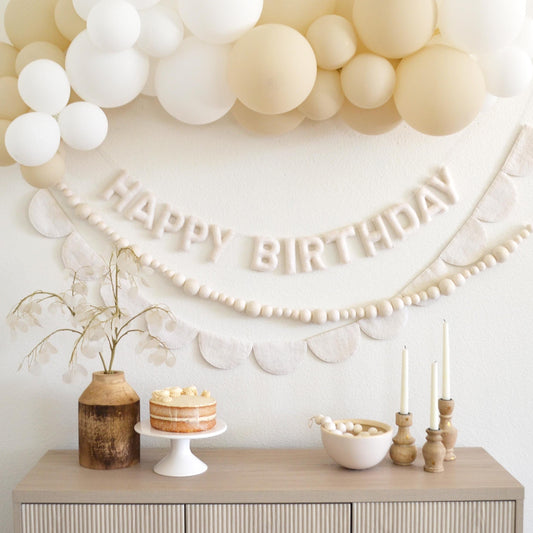 White Happy Birthday Felt Banner or Boho Felt Garland or Felt Scallop Banner