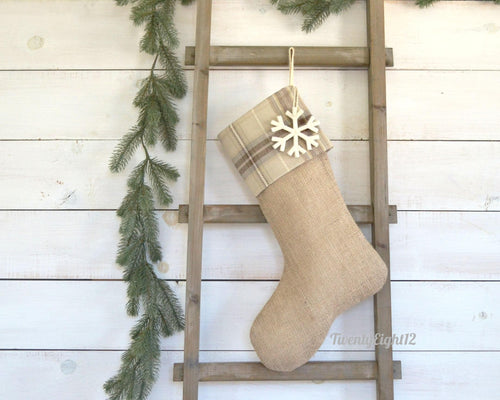 Personalized Plaid & Burlap Christmas Stockings | Masculine Stockings | Christmas Decor for the Cabin | Rustic Stockings for the Family