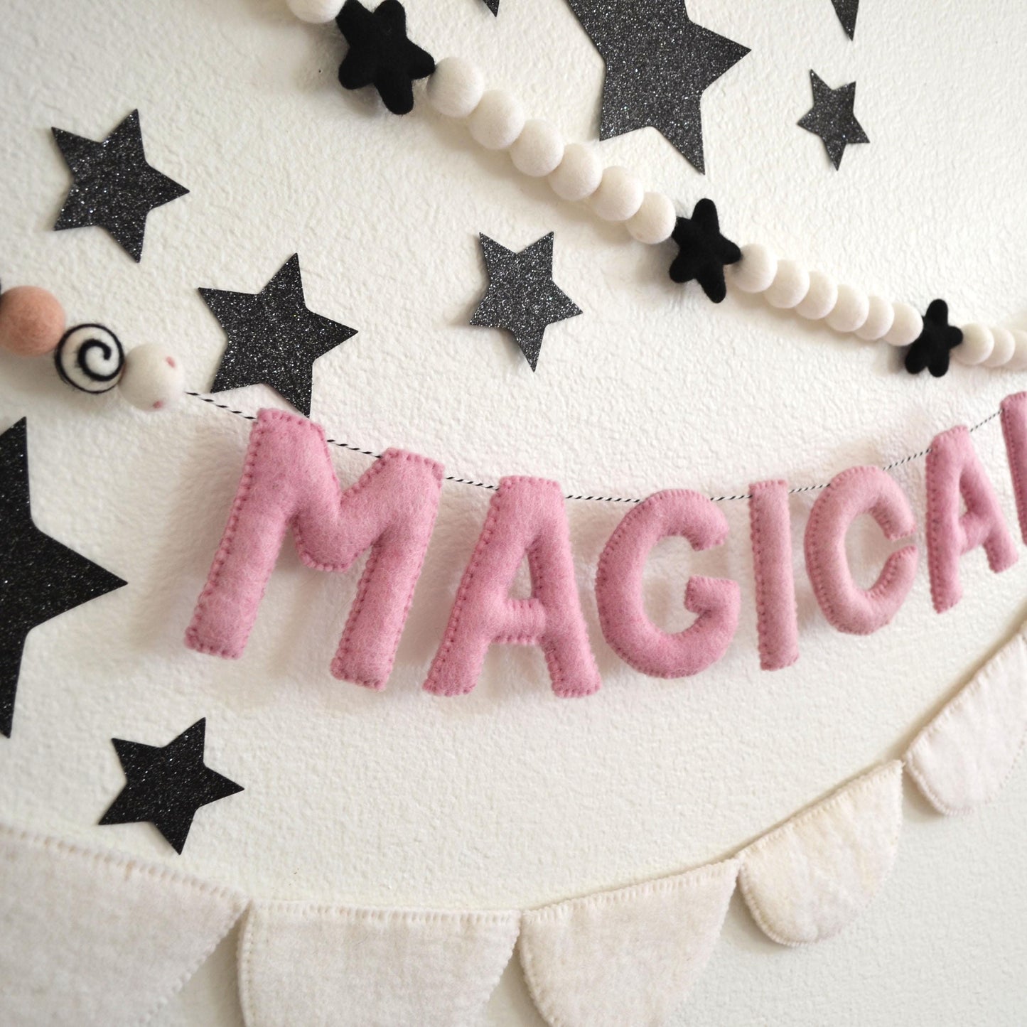Halloween Felt Ball Garland - Choice of Black Star Felt Garland, MAGICAL Banner or White Felt Scallop Banner