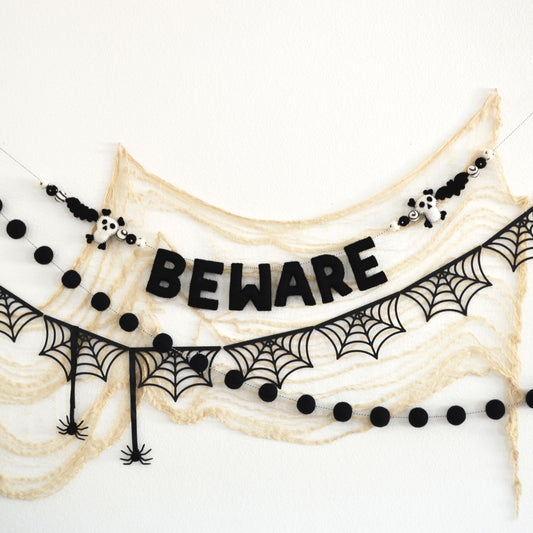 Halloween Felt Ball Garland - Choice of BEWARE Banner, Black Cardstock Webs or 4cm Black Felt Ball Garland