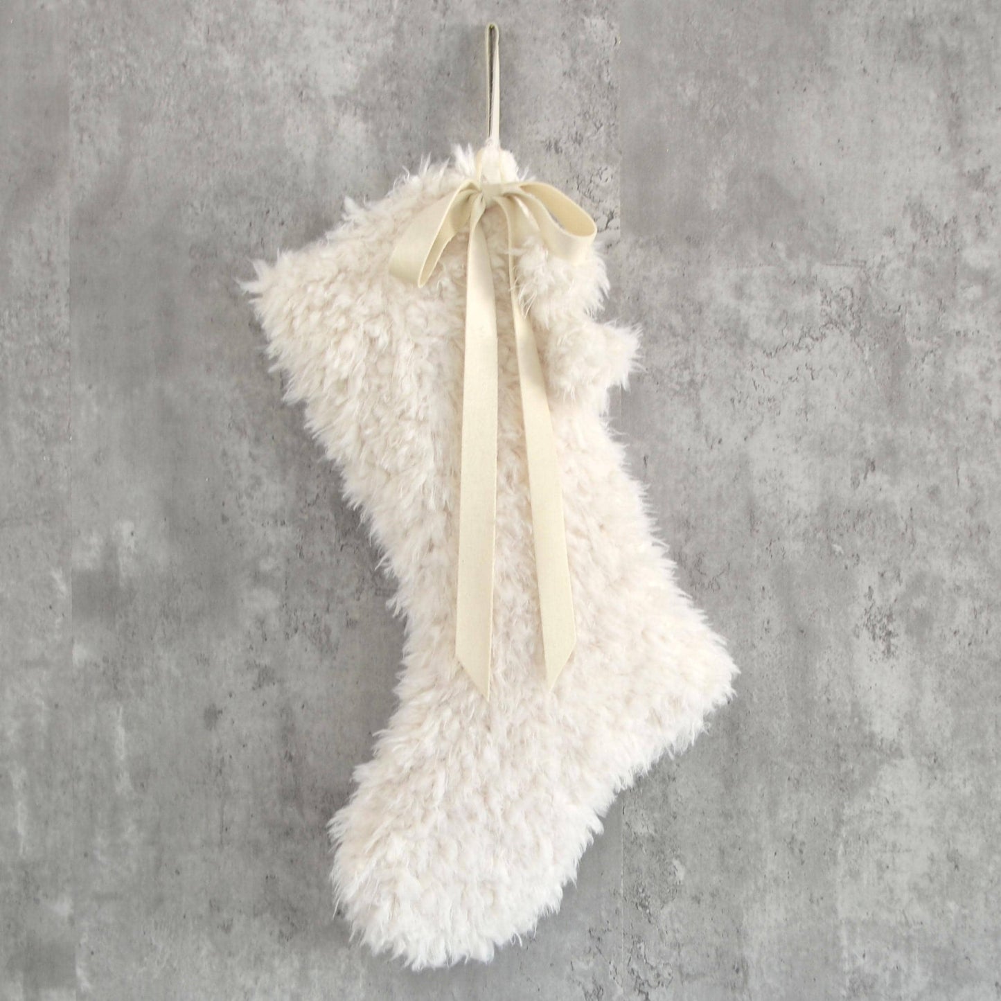 Ivory Sherpa Faux Fur Christmas Stocking with Fur Pom Poms and Velvet Bow