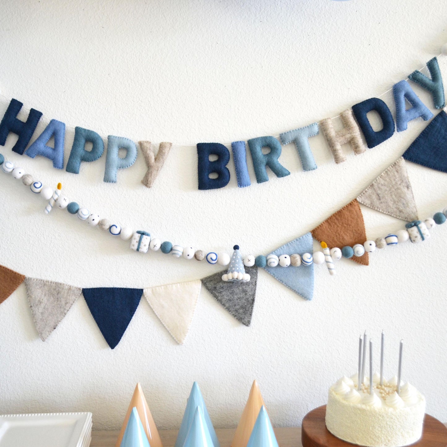 Blue Happy Birthday Banner or Felt Party Hat, Git & Candle Felt Garland or Pennant Flag Banner