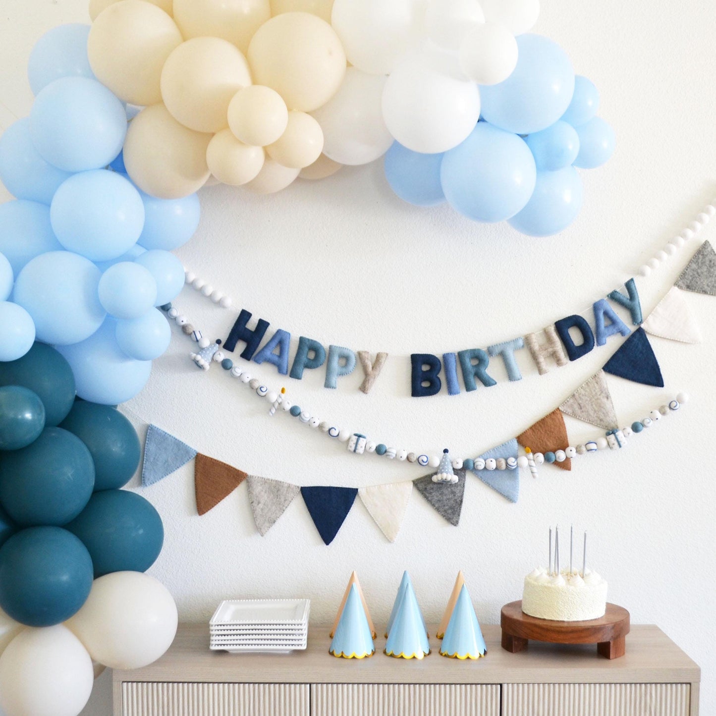 Blue Birthday Party Hat, Gift & Candle Felt Ball Garland