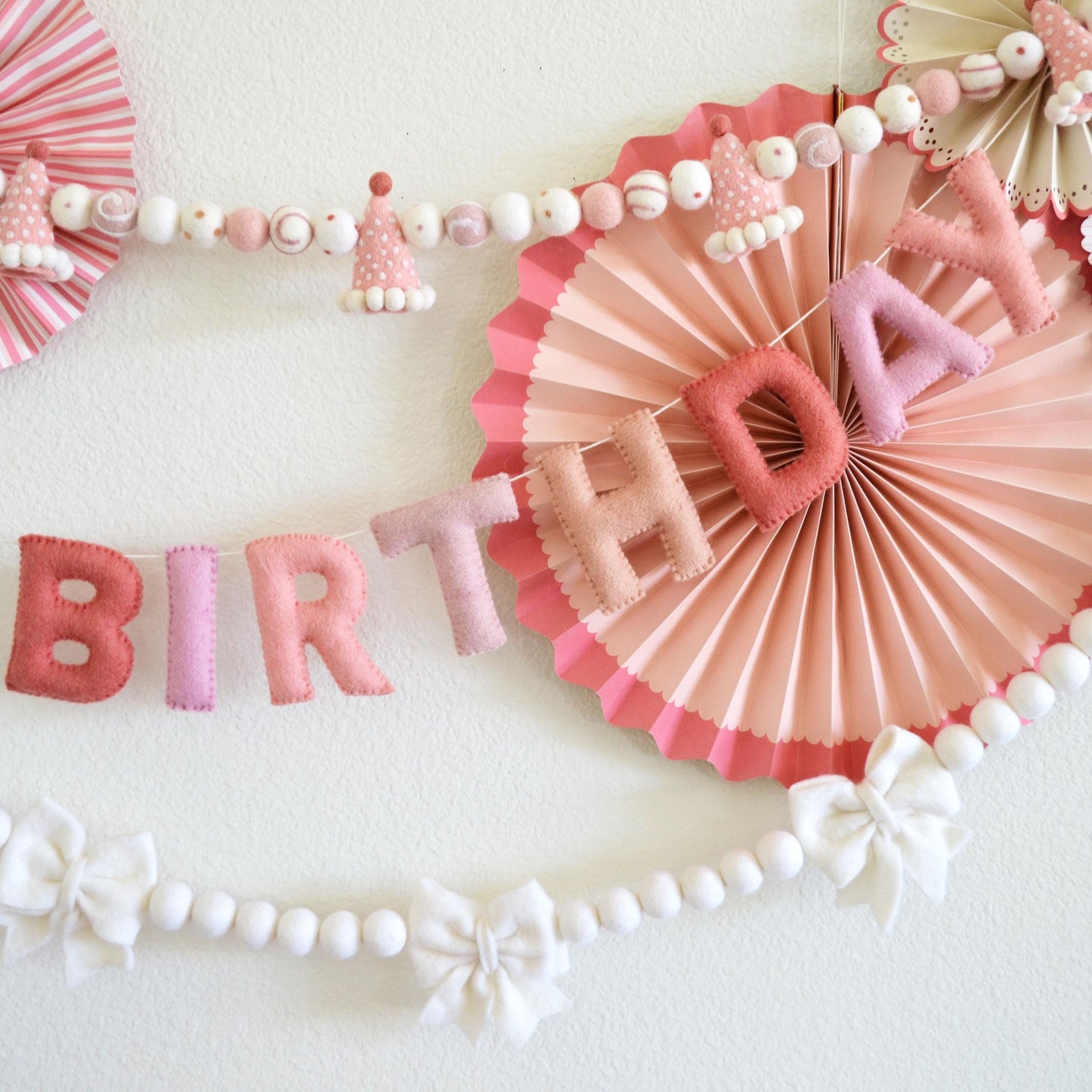 Pink Party Hat Felt Garland or Pink Ombré Felt Banner or White Bow Felt Ball Garland