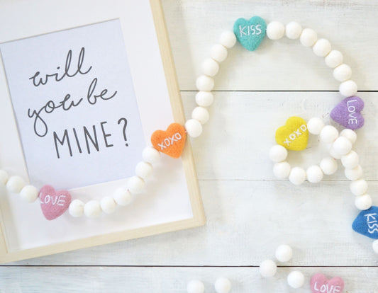 Heart Felt Ball Garland - Valentines Day Felt Garland, Felt Ball Garland, Conversation Heart Garland, Valentines Day Felt Ball Garland