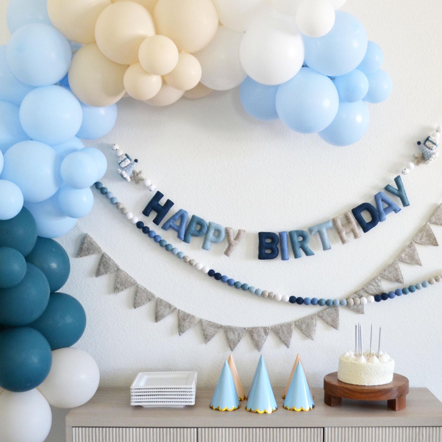 Blue Ombré Happy Birthday Felt Banner with Hat, Gift & Star