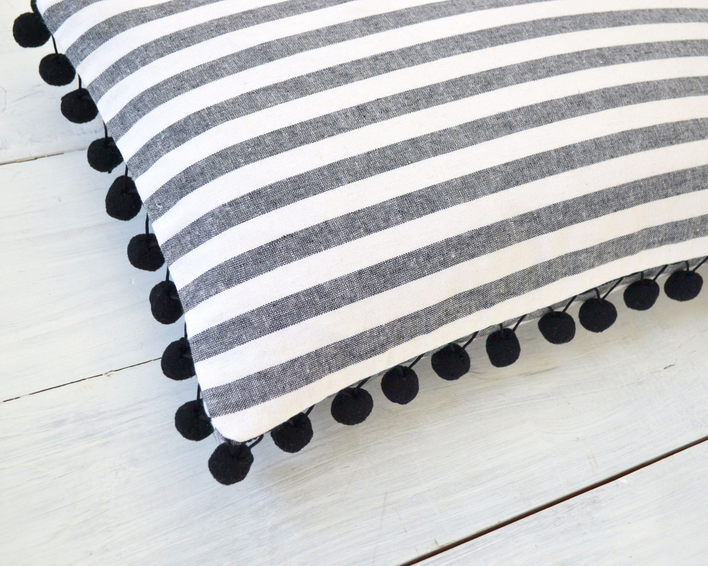Black and White Striped Pillow Cover with Large Black Pom Poms - 12" x 20" - Pom Pom Pillow Cover, Decorative Pillow, Black Pom Pillow
