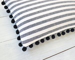 Black and White Striped Pillow Cover with Large Black Pom Poms - 12" x 20" - Pom Pom Pillow Cover, Decorative Pillow, Black Pom Pillow