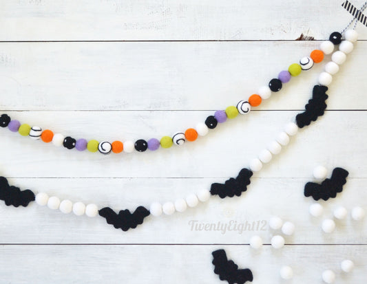 Halloween Felt Ball Garland - Choice of Colorful Felt Ball Garland or Bats Garland