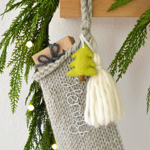 Hand Knit Chunky Wool Christmas Stocking with Wool Tassel & Felt Tree | Tan Knitted Chunky Christmas Stocking (Name Tag NOT included)