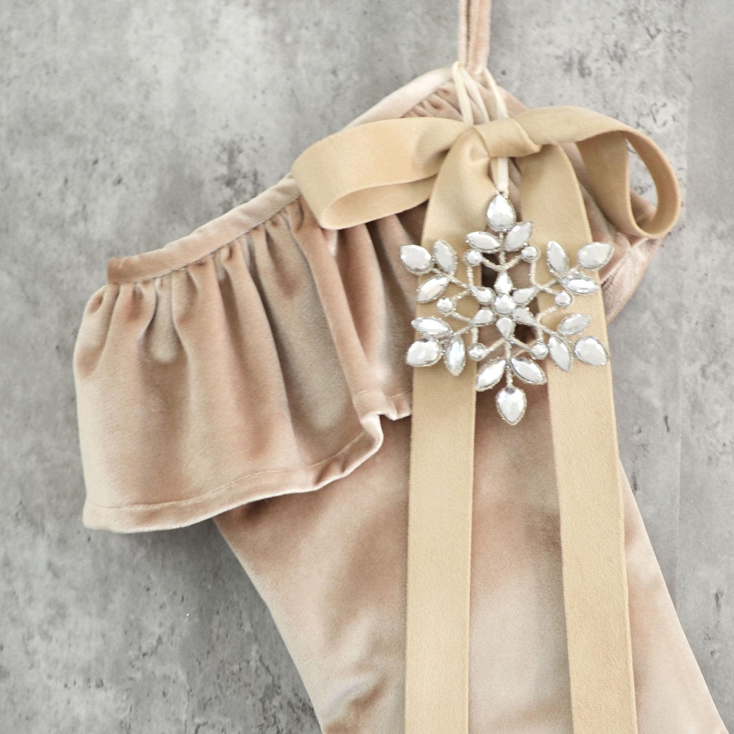 Warm Cream Velvet Christmas Stocking with Ruffle Cuff, Velvet Bow & Leaf Gem Snowflake Vintage Inspired