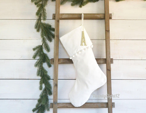 Christmas Stockings -Personalized Christmas Stocking, Christmas Decor, White Christmas Stocking, Velvet Stocking, Pom Pom Stocking