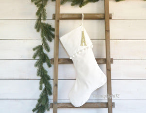 Christmas Stockings -Personalized Christmas Stocking, Christmas Decor, White Christmas Stocking, Velvet Stocking, Pom Pom Stocking