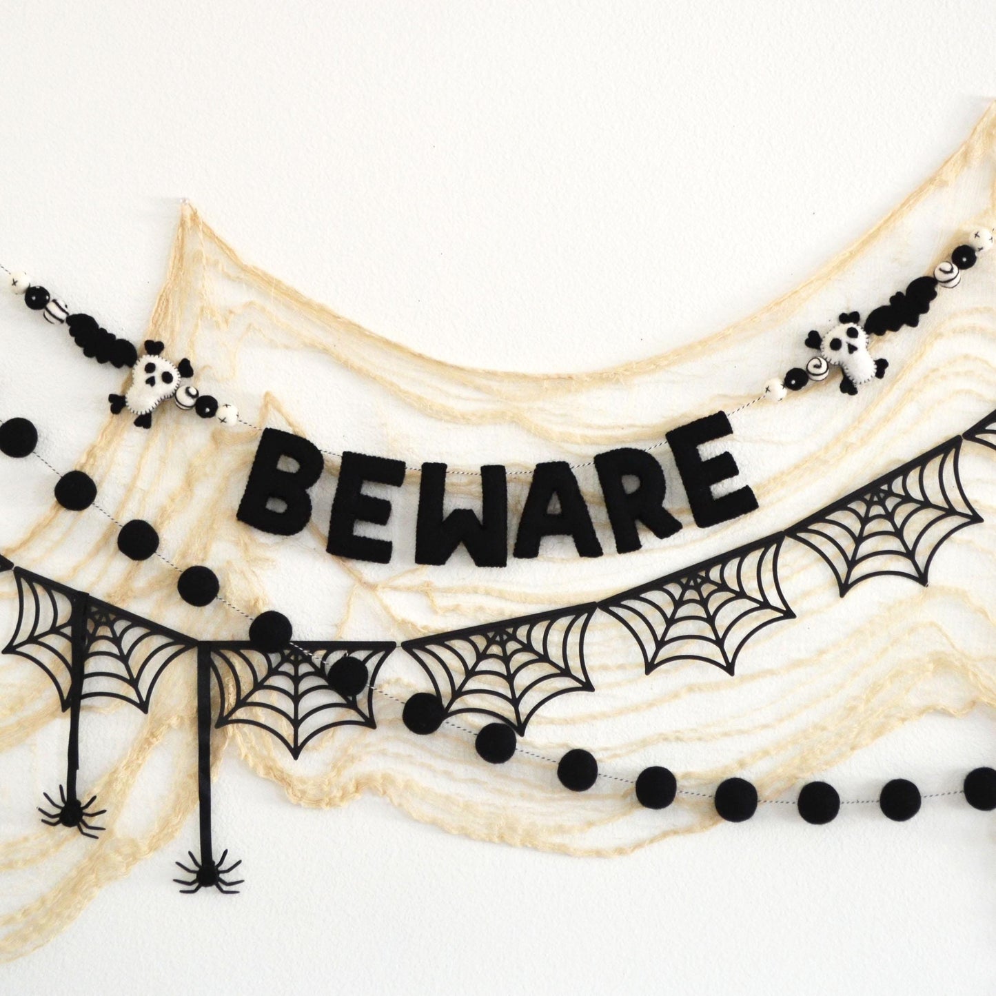 Halloween Felt Ball Garland - Choice of BEWARE Banner, Black Cardstock Webs or 4cm Black Felt Ball Garland