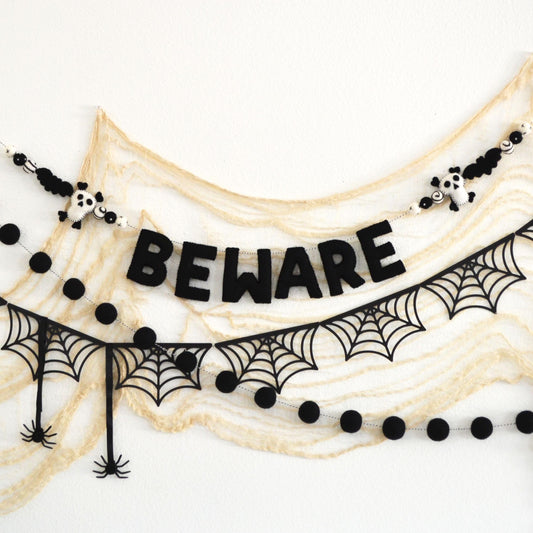 Halloween Felt Ball Garland - Choice of BEWARE Banner, Black Cardstock Webs or 4cm Black Felt Ball Garland