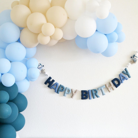 Blue Ombré Happy Birthday Felt Banner with Hat, Gift & Star