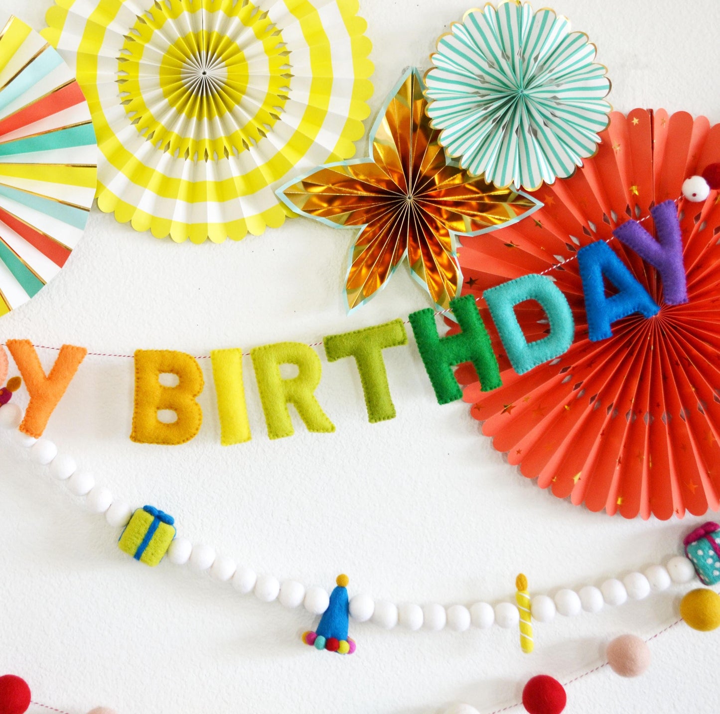 Reusable Rainbow Happy Birthday Banner, Hat Gift & Candle Felt Garland and 4cm Rainbow Felt Ball Garland Bundle