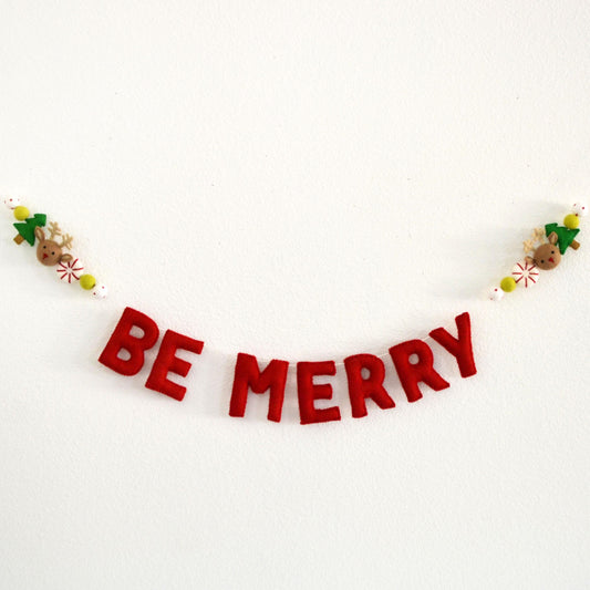 BE MERRY Felt Ball Garland with Red Letters, Peppermint, Reindeer, Christmas Tree and Colorful Wool Felt Balls