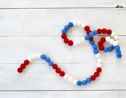 4th of July Felt Ball Garland - Red, White & Blue Ombre
