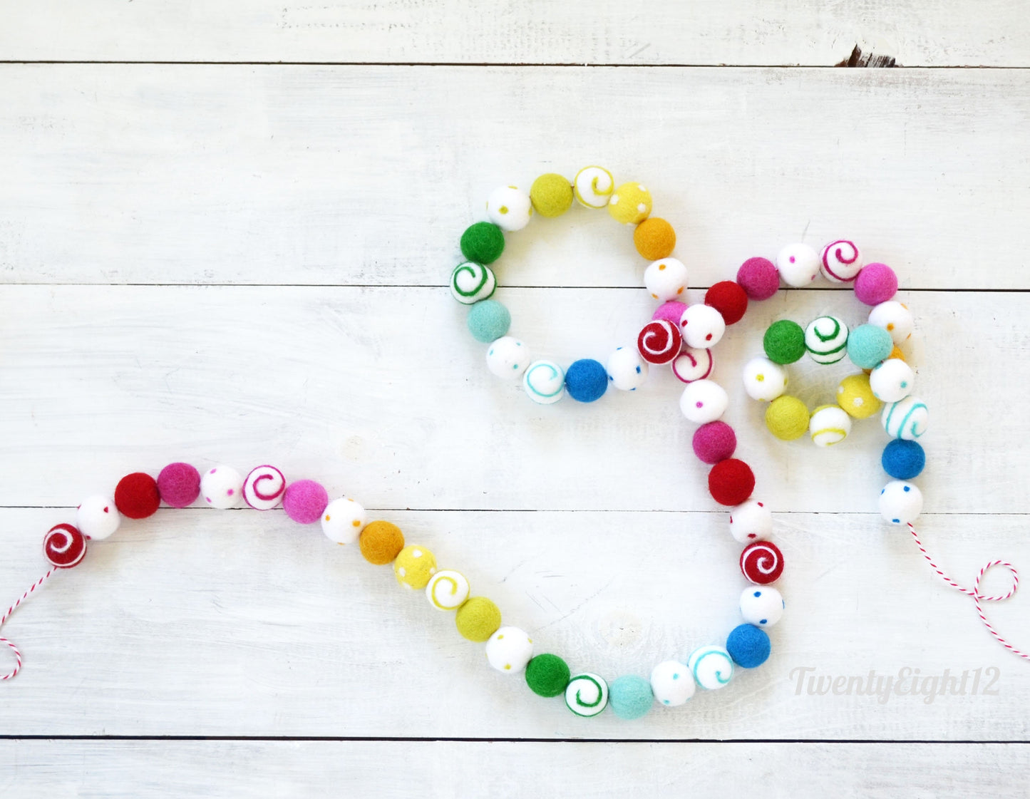 Rainbow Ombré Felt Ball Garland with Colorful Dots and Swirls