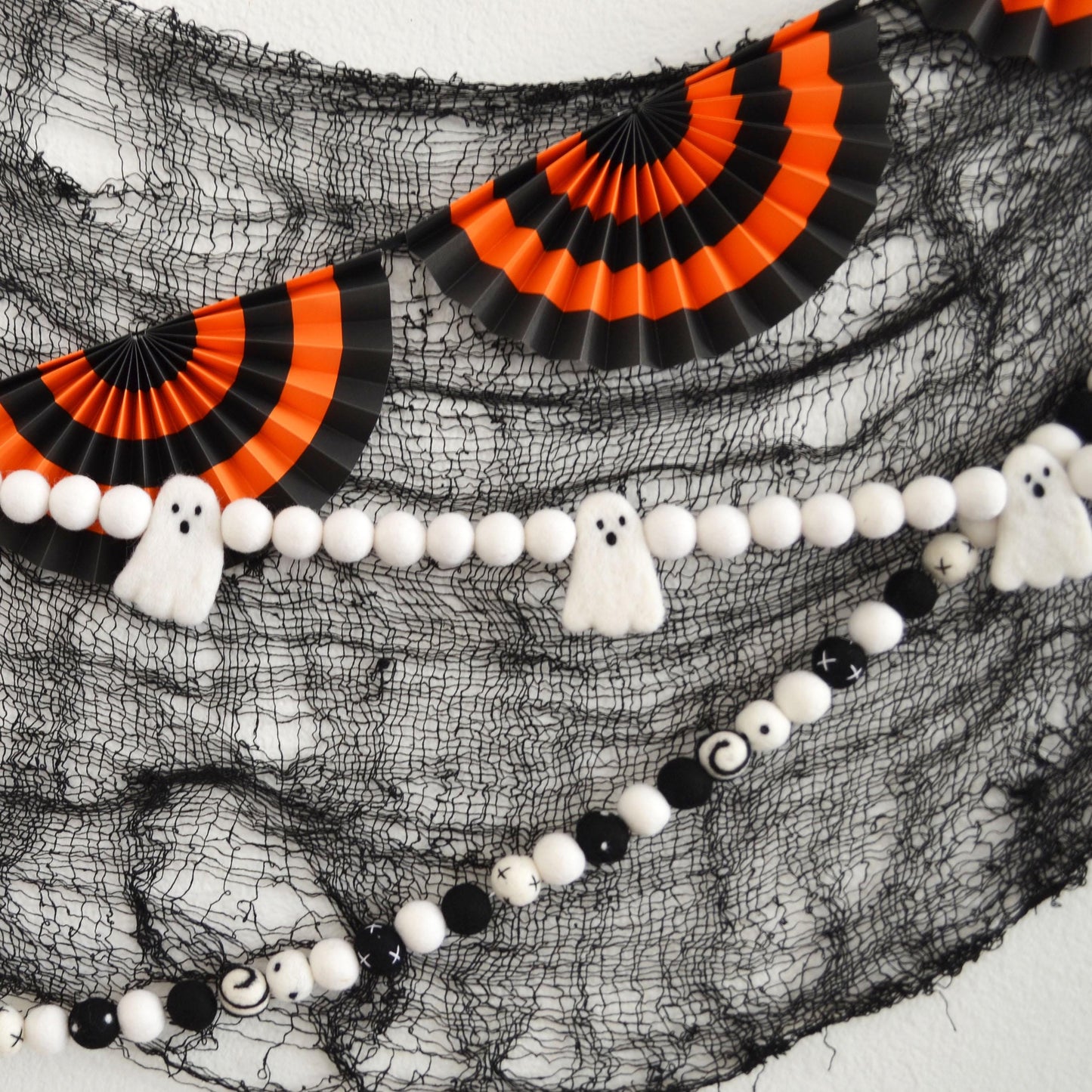 Halloween Felt Ball Garland - Choice of White Ghost Felt Garland or Black and White Felt Ball Garland