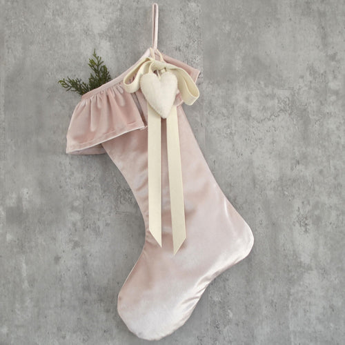 Blush Velvet Christmas Stocking with Ruffle Cuff, Ivory Velvet Bow & Felt Heart | Luxe Christmas Decor | Boho  Stocking for Girls