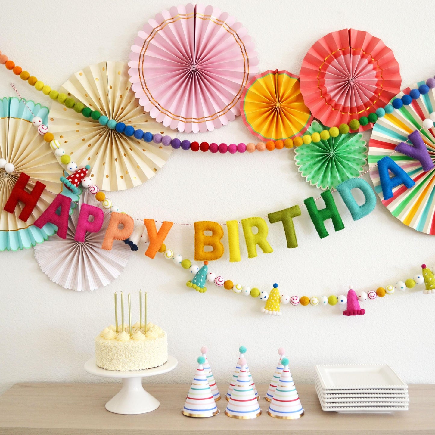 Happy Birthday Rainbow Felt Banner, Party Hat Felt Garland, Ombre Rainbow Felt Ball Garland Decoration, Paper Pinwheel Fans