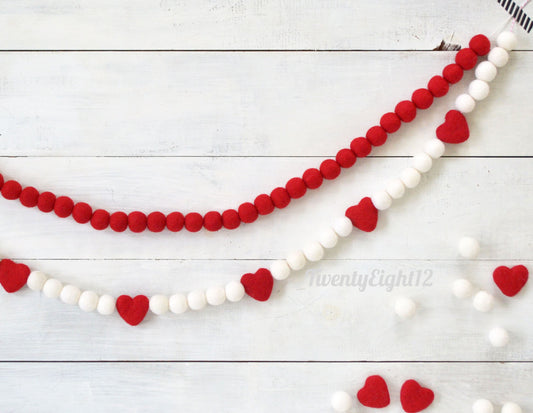 Valentines Felt Garland -Valentines Day Felt Ball Garland, Felt Ball Garland, Holiday Garland, Felt Ball Garland, Red Heart Garland, Banner
