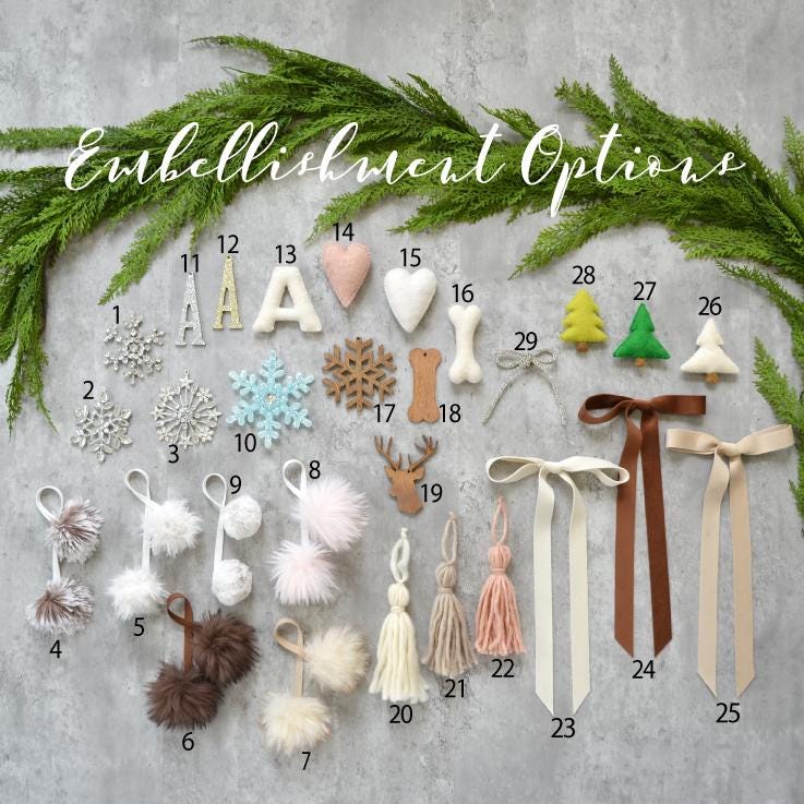 a variety of Christmas-themed embellishments and ornaments, including pom-poms, ribbons, and other decorative elements, arranged on a gray background.