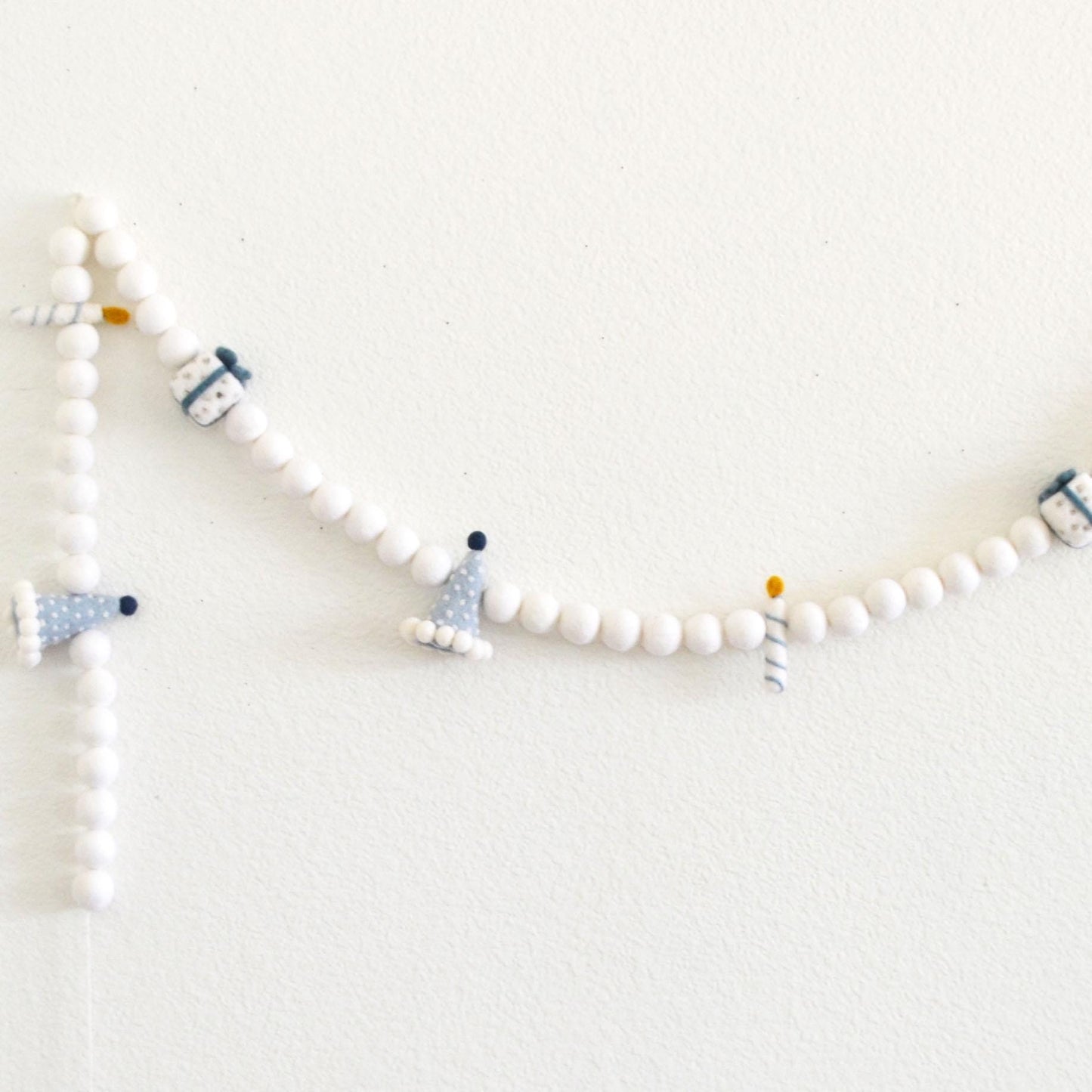 Blue Party Hat, Gift and Candle Felt Garland with White Felt Balls