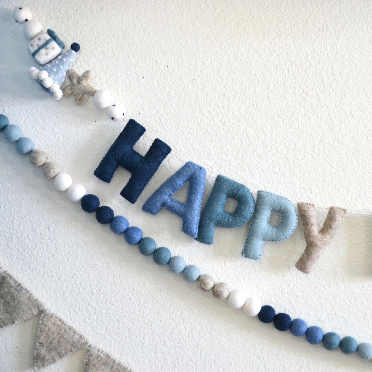 Happy Birthday Felt Banner or Blue Ombré Felt Ball Garland or Tan Felt Pennant Flag Banner