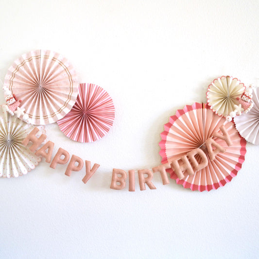 Felt Blush Pink Happy Birthday Banner with Hat, Gift and Star