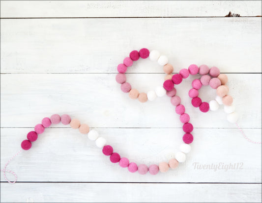 Valentines Felt Ball Garland - Felt Ball Garland, Valentines Decor, Pink Felt Garland, Pink Ombre Felt Garland, Pink Valentines Garland