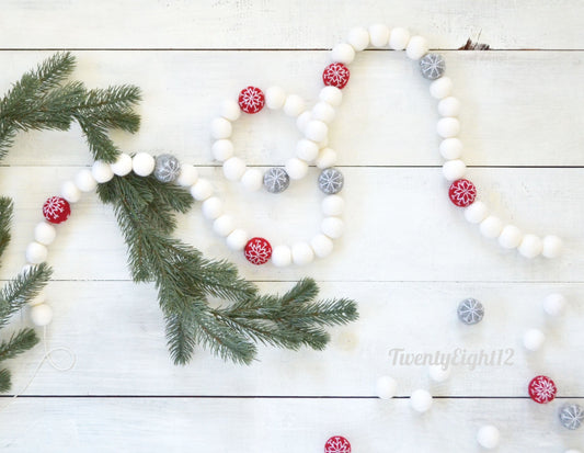 Christmas Garland - Snowflake Felt Ball Garland, Christmas Felt Garland, Christmas Banner, Christmas Decor, Christmas Felt Ball Garlands