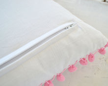 Pom Pom Lumbar Pillow Cover - White Cotton & Pink Pom Poms - 12" x 20" - Decorative Pillow, Throw Pillow, Pom Pom Pillow Cover, White Pillow