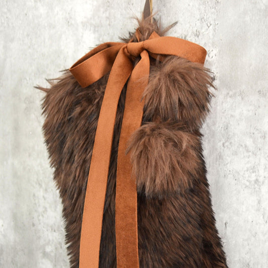 Chocolate Brown Faux Fur Christmas Stocking with Fur Pom Poms and Velvet Bow
